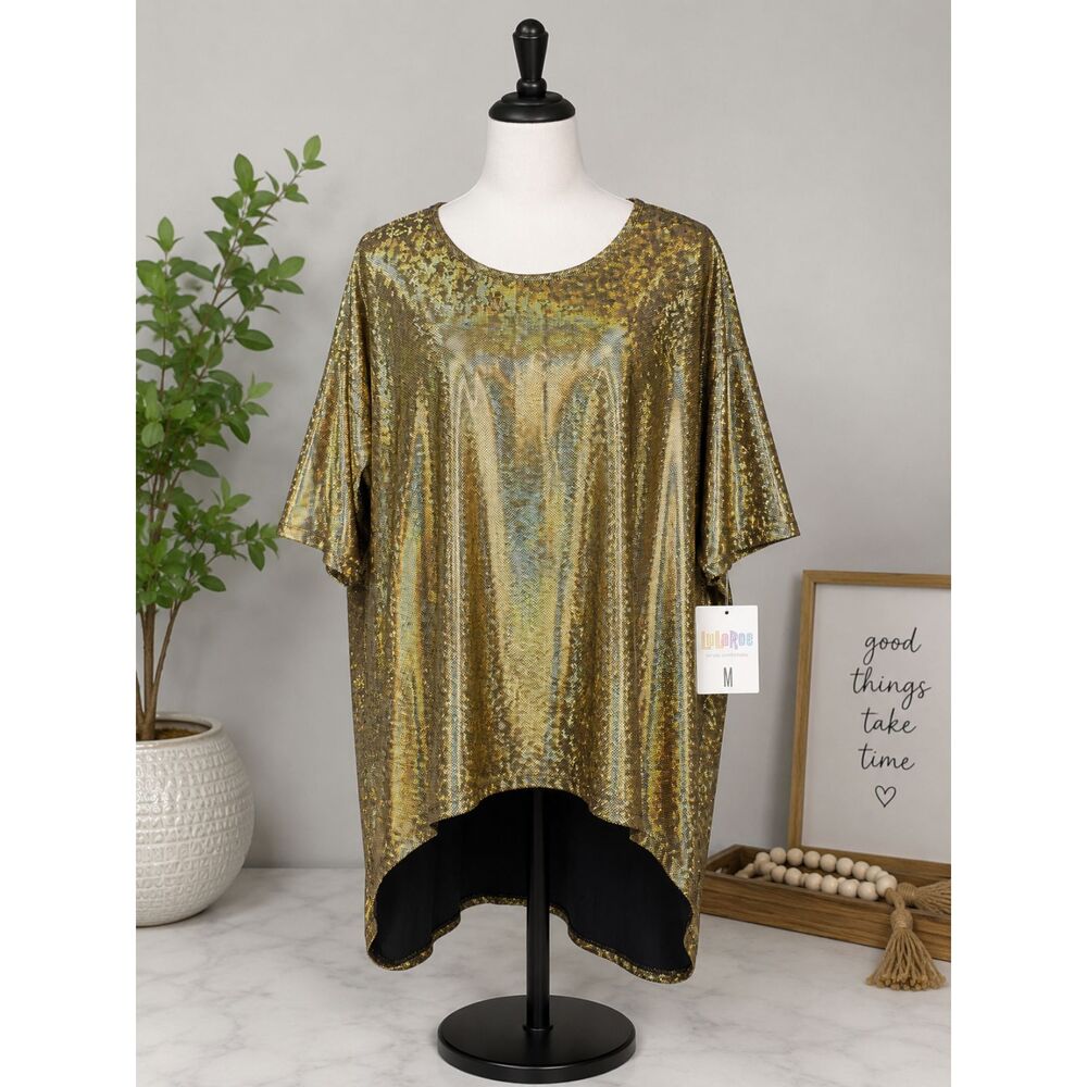 LuLaRoe Irma Womens M Gold Holographic Metallic Black Hi Low Tunic Top NWT